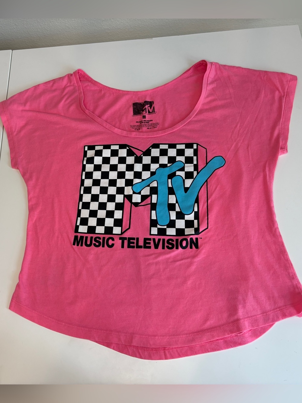 MTV Hot Pink Tee with Black & White Checker Graphic